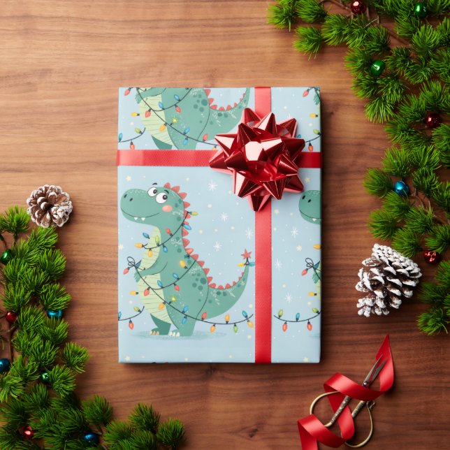 Papier Cadeau Joli Dinosaure de Noël Lumières Papier d'enveloppe (Cadeau de vacances)