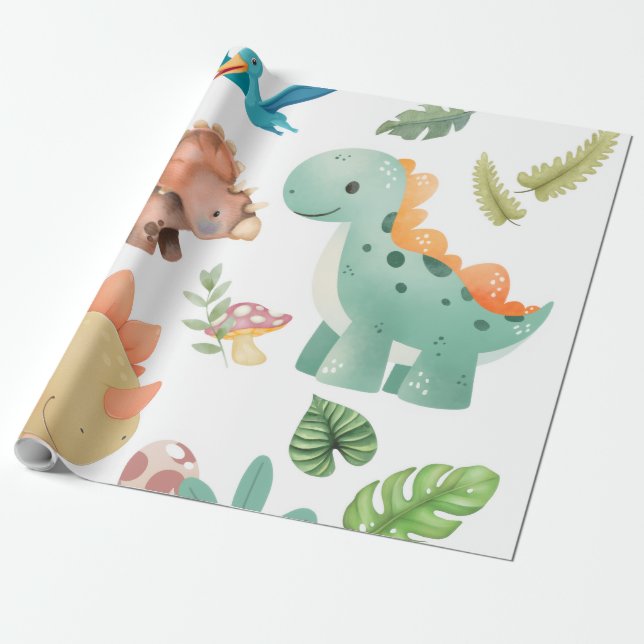 Papier Cadeau Joli dinosaure vert (Déroulé)