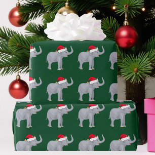 Papier Cadeau Joli éléphant de Noël à Santa Hat Green Holiday