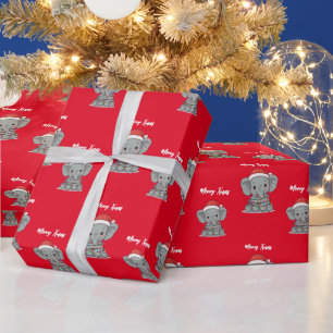 Papier Cadeau Joli éléphant joyeux arbre de Noël zoo safari Noël