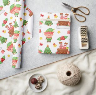 Papier Cadeau Joli elfe à l'aquarelle Santa houx baies Noël
