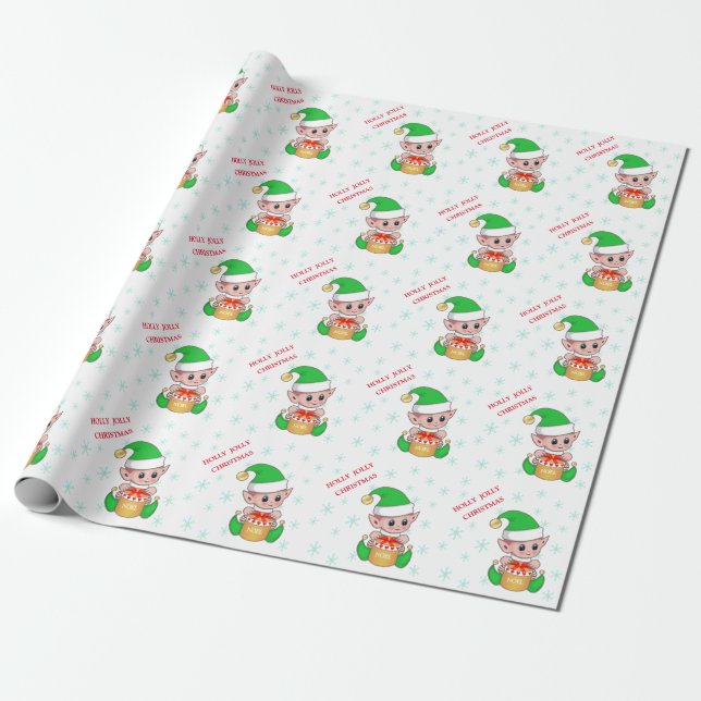 Papier Cadeau Joli elfe de Noël et flocons de neige (Déroulé)
