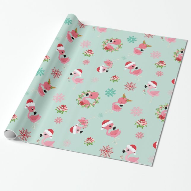 Papier Cadeau Joli Flamant rose de Noël Flocon de neige (Déroulé)