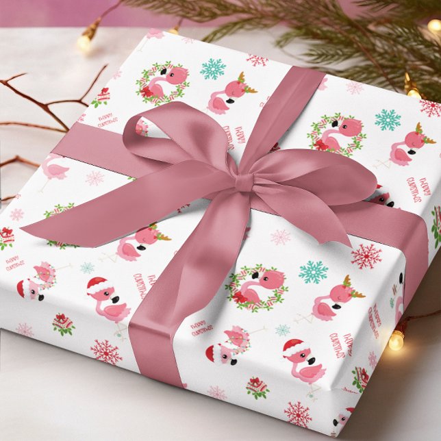 Papier Cadeau Joli Flamant rose de Noël Snowflake (Cute Merry Christmas Flamingo Snowflake Wrapping Paper)