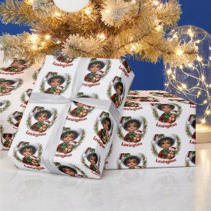 Papier Cadeau Joli garçon afro-américain et chiot Noël