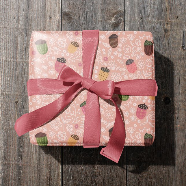 Papier Cadeau Joli gland rose automne (Cute Fall Pink Autumn Acorn Wrapping Paper)