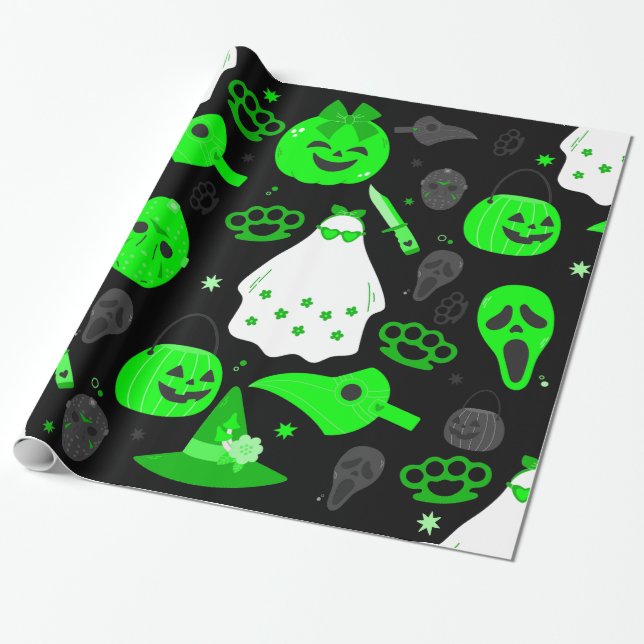 Papier Cadeau joli halloween floral ghost acide vert (Déroulé)