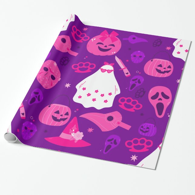 Papier Cadeau joli halloween floral ghost rose (Déroulé)