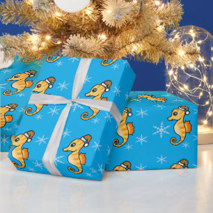 Papier Cadeau Joli hippocampe de Noël flocon de neige fête 