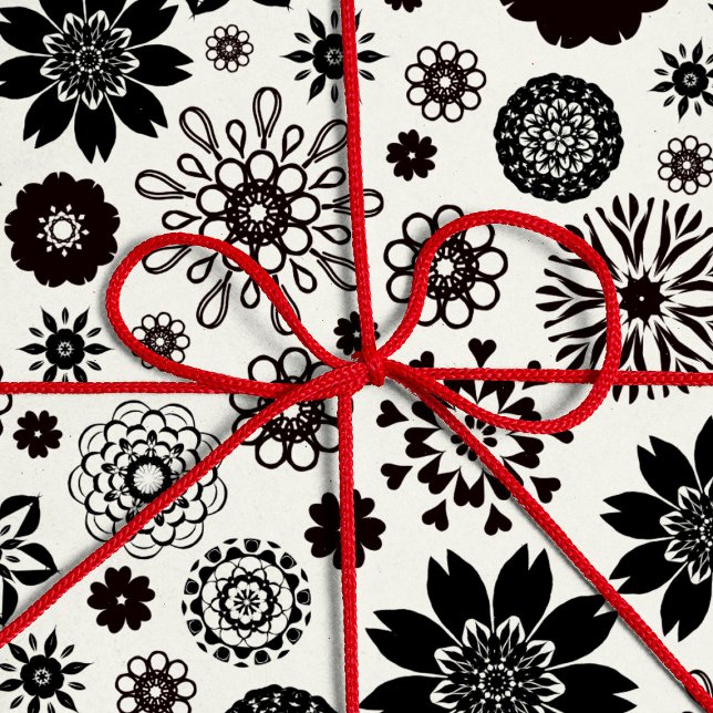 Papier Cadeau Joli jeu moderne noir et blanc motif floral (Créateur téléchargé)