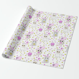 Papier Cadeau Joli lama, chaton et souris Cupcake Violet Fille