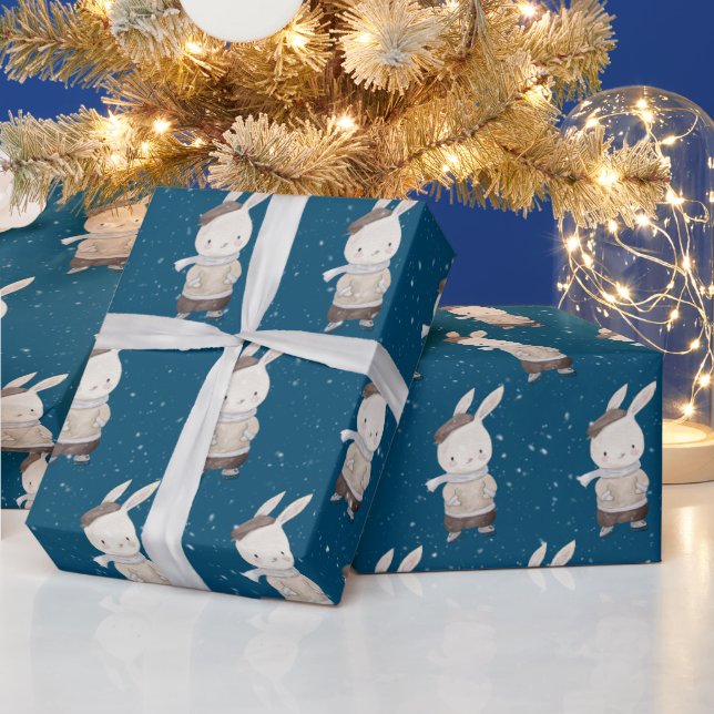 Papier Cadeau Joli lapin avec patins à glace (Vacances)
