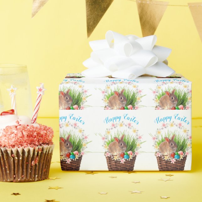 Papier Cadeau Joli lapin de Pâques en Panier (Fête d'anniversaire)