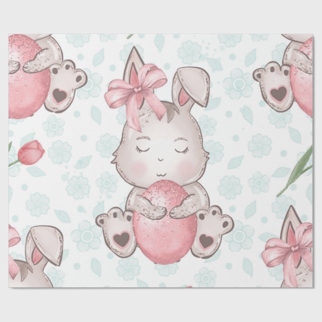 Papier Cadeau Joli lapin de Pâques rose (Plat)