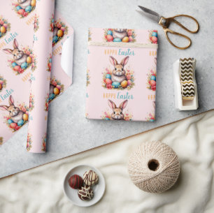 Papier Cadeau Joli Lapin Œufs Colorés Fleurs Joyeuses Pâques