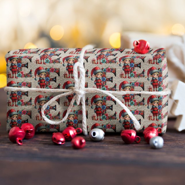 Papier Cadeau Joli lutin de Noël Lettre de fête E (Créateur téléchargé)