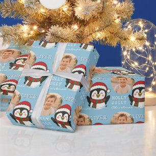 Papier Cadeau Joli manchot de Noël avec photo personnalisée