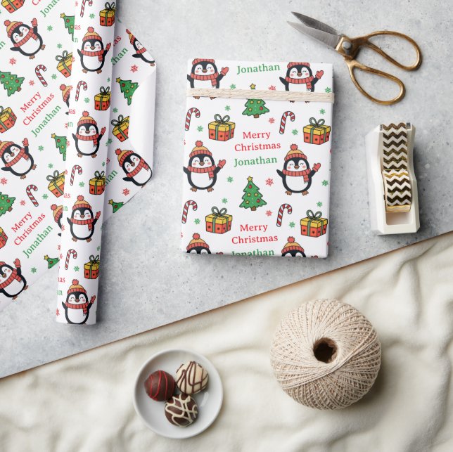 Papier Cadeau Joli manchot Noël arbre Fêtes (Artisanat)