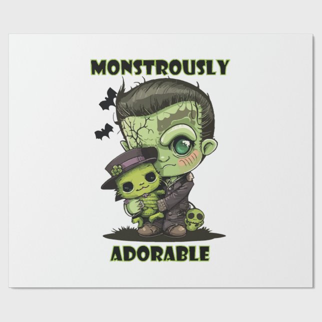 Papier Cadeau Joli monstre de Frankenstein avec peluche (Plat)