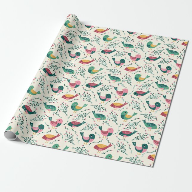 Papier Cadeau Joli Motif botanique aux oiseaux roses et verts (Déroulé)