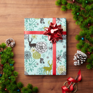 Papier Cadeau Joli motif d'art floral et de cerf bleu sarcelle v