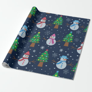 Papier Cadeau Joli motif de bonhomme de neige avec des sapins de