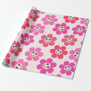 Papier Cadeau Joli motif de fleurs roses et rouges souriantes