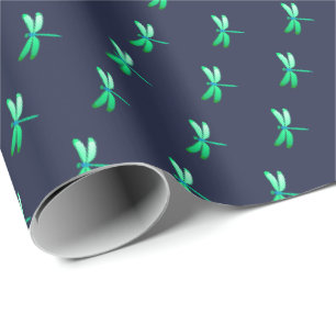 Papier Cadeau Joli Motif de luciole vert sur bleu foncé