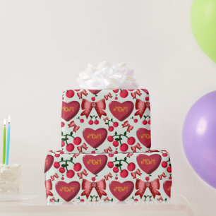 Papier Cadeau Joli motif de maman à nœud cerise pour la fête des