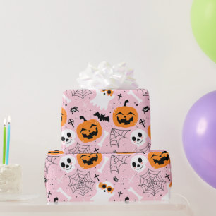 Papier Cadeau Joli Motif d'Halloween Jack-o-Lantern rose