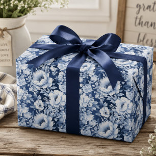 Papier Cadeau Joli motif floral bleu indigo élégant