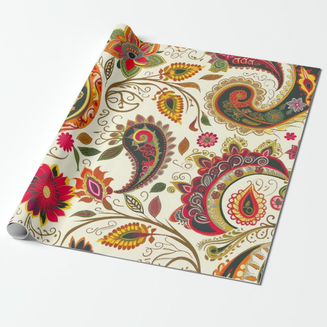 Papier Cadeau Joli Motif floral coloré Paisley (Déroulé)