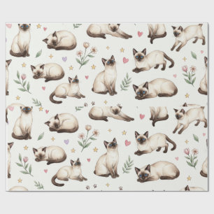 Papier Cadeau Joli motif floral de chat siamois avec des cœurs