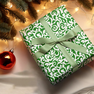 Papier Cadeau Joli motif floral en damas vert foncé blanc