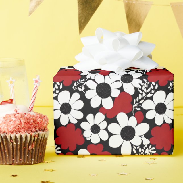 Papier Cadeau Joli motif floral en rouge, noir et blanc (Fête d'anniversaire)