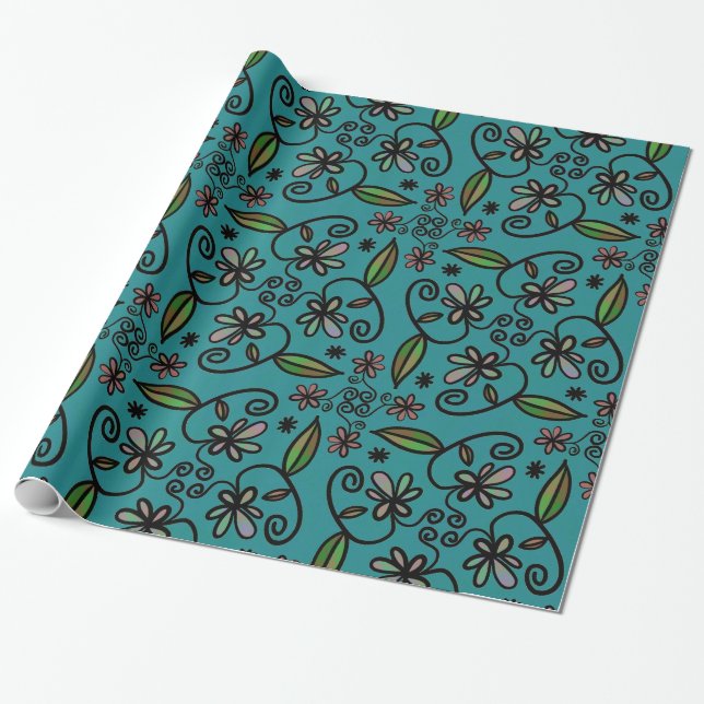 Papier Cadeau Joli motif floral sarcelle (Déroulé)