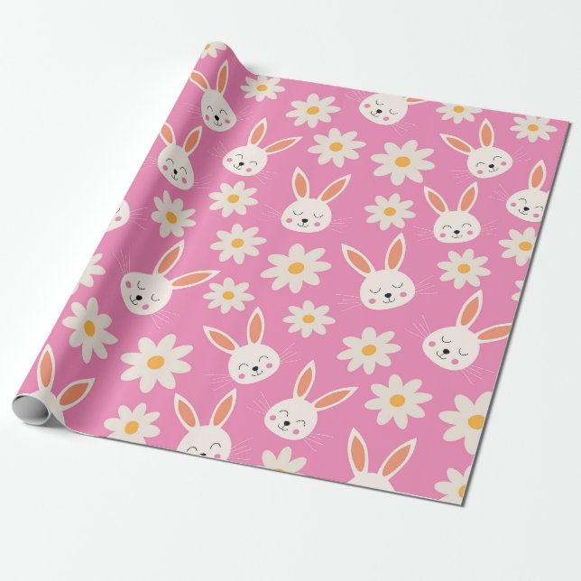 Papier Cadeau Joli Motif lapin de Pâques avec Fleurs sur Rose (Déroulé)