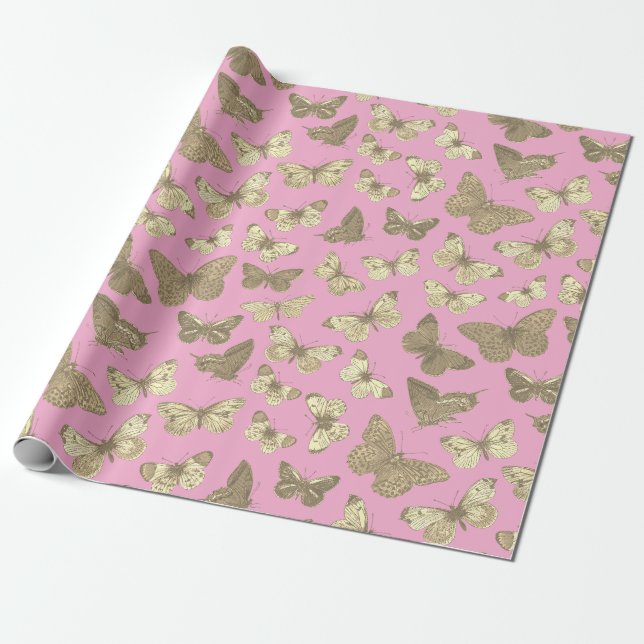 Papier Cadeau Joli motif papillon beige doré rose pour fille (Déroulé)