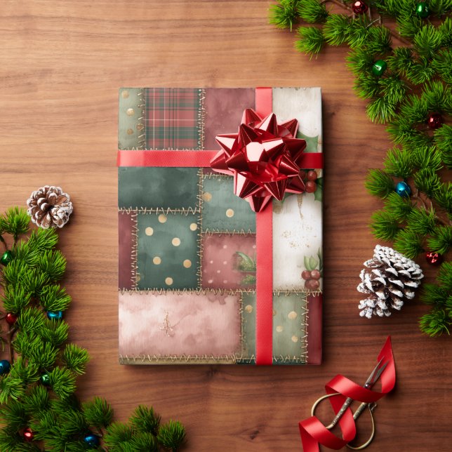 Papier Cadeau Joli motif patchwork de Noël moderne en or (Cadeau de vacances)