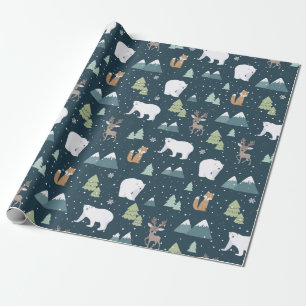 Papier Cadeau Joli Noël Animaux d'hiver Motif rustique