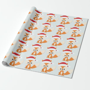 Papier Cadeau Joli Noël Fox Santa Hat Pastel Motif bleu