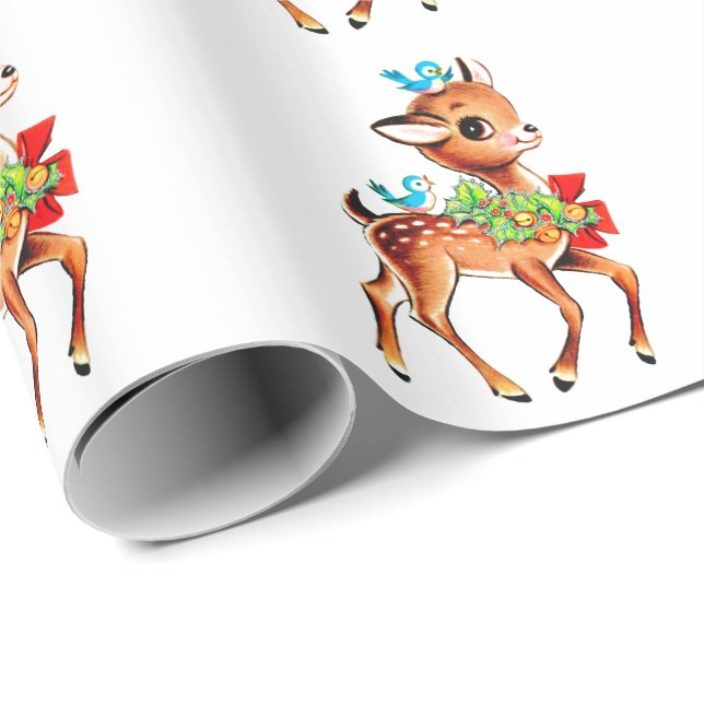 Papier Cadeau Joli Noël Rouge Bow Green Holly Reindeer (Coin rond)
