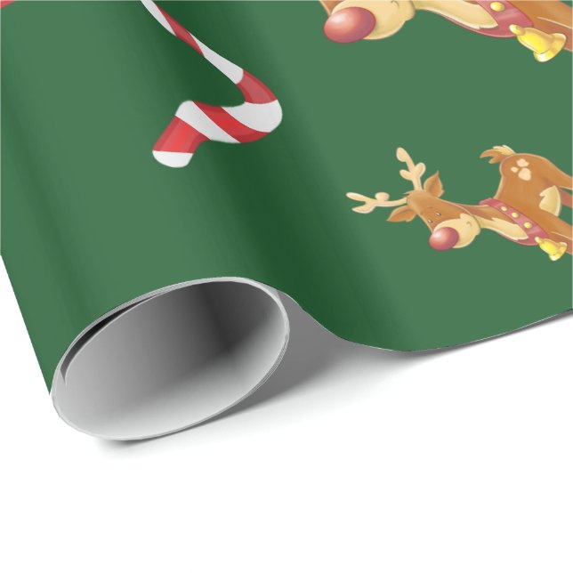 Papier Cadeau Joli Noël Rudolph Sucre de canne Motif vert (Coin rond)