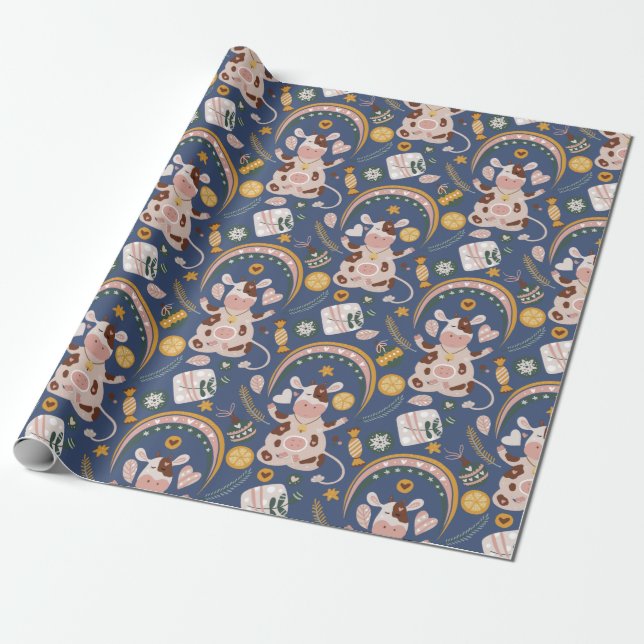 Papier Cadeau Joli Noël Yoga Vache Motif Whimsical Bleu (Déroulé)