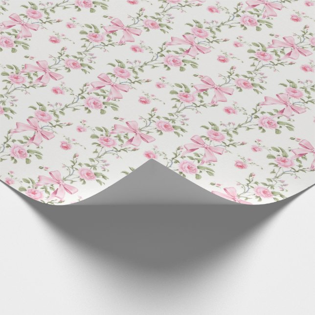 Papier Cadeau Joli Nœud Rose Floral Coquette  (Coin)