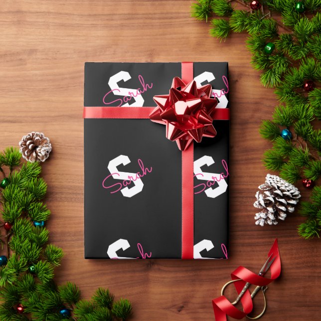 Papier Cadeau Joli nom et monogramme | Noir Blanc & Rose (Cadeau de vacances)