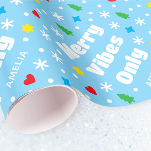 Papier Cadeau Joli Nom Personnalisé Fête Rétro Bleu Noël