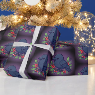 Papier Cadeau Joli Oiseau Bleu Fleur de Noël Violette de Noël