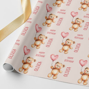 Papier Cadeau Joli Ours Aquarelle Rose Pour l'Anniversaire des E
