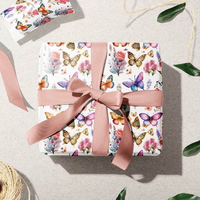 Papier Cadeau Joli papillon d'aquarelle Motif de jardin fleuri (Créateur téléchargé)